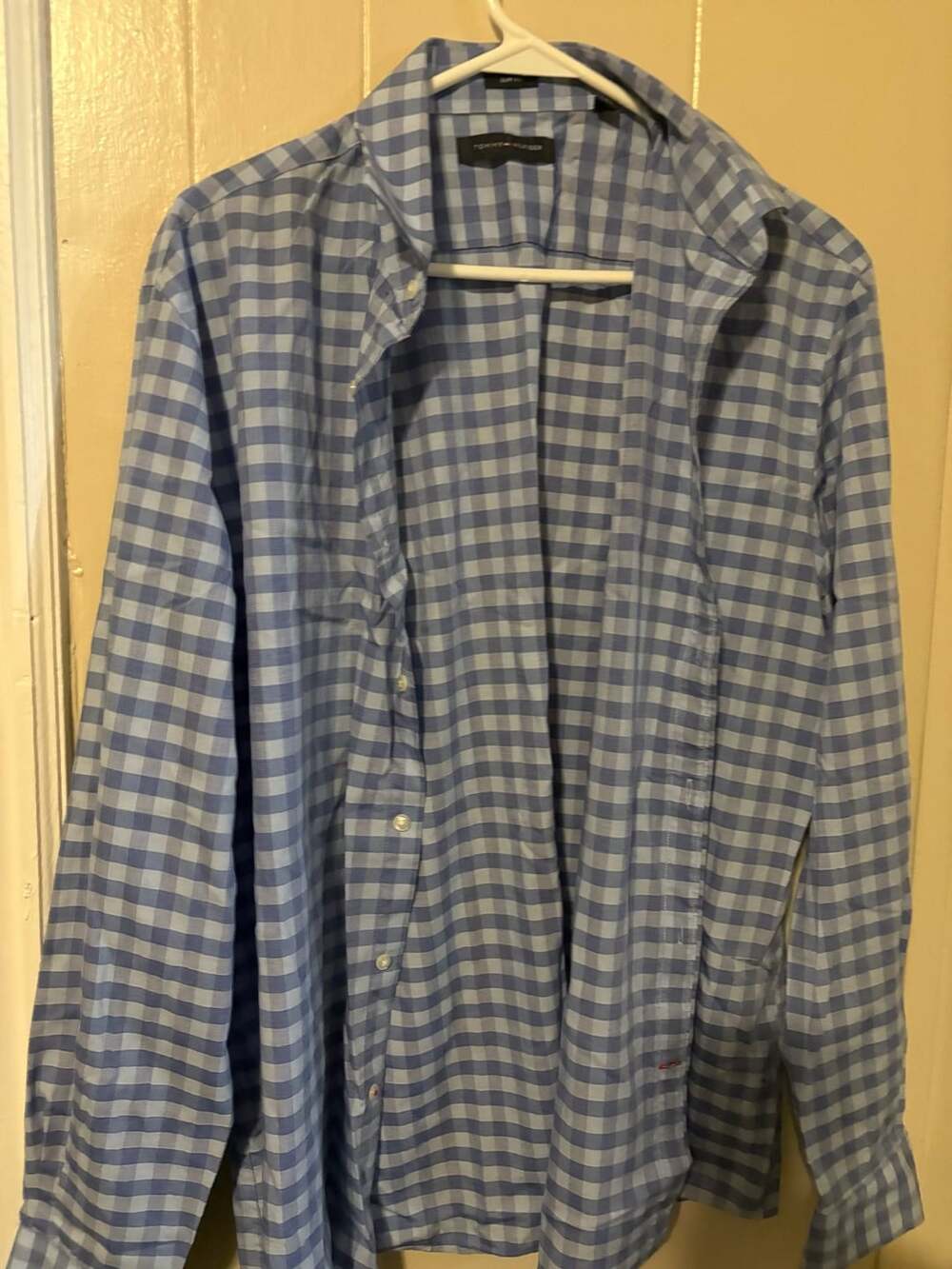 Tommy Hilfiger Men's Blue & White Gingham Check Slim Fit Dress Shirt 16.5 34/35